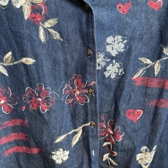Koret City Blues Denim Button Down Shirt Floral Heart Print Womens 20W - Picture 3 of 8